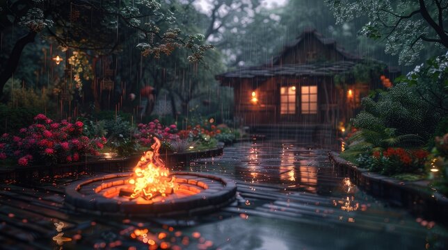yper realistic fire pit under open sky on a rainy day. Experience the cozy garden ambiance. Share the garden's rainy magic