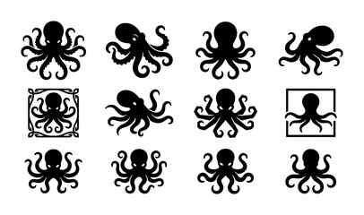 Black octopus silhouette icons, set of 12 sea creature vector graphics, minimalist kraken and cephalopod symbols for nautical branding and logo design © Reshma
