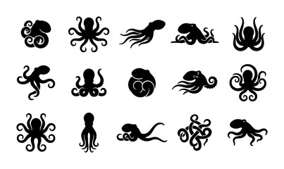 Black octopus silhouette icons, set of 15 sea creature vector elements, nautical cephalopod animal shapes, minimalist marine life graphics for logo design © Reshma