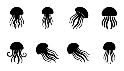 Minimalist jellyfish silhouette icons, set of 8 black sea creature vector illustrations, simple aquatic medusa symbols for marine biology logos © Reshma