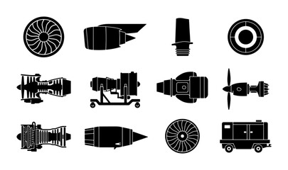 Jet engine silhouette icons set, 12 aircraft turbine and aerospace motor vector elements, black airplane propulsion system symbols for aviation industry © Reshma