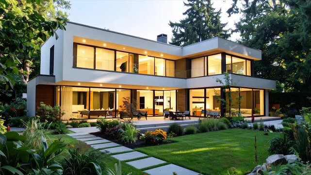 Modern two-story house with minimalist design and expansive glass, landscaped garden
