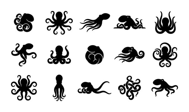 Black octopus silhouette icons, set of 15 sea creature vector elements, nautical cephalopod animal shapes, minimalist marine life graphics for logo design