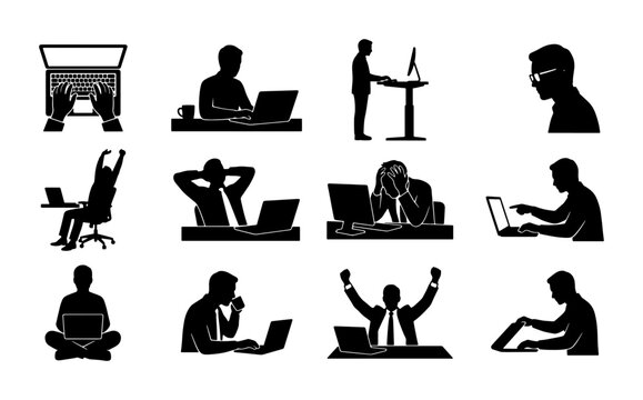 Business office worker silhouettes set, 12 icons of people working on laptops, professional employee desk postures and remote work vector graphics