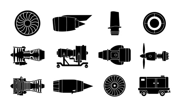 Jet engine silhouette icons set, 12 aircraft turbine and aerospace motor vector elements, black airplane propulsion system symbols for aviation industry