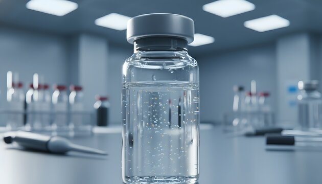 Close up of a scientific vial filled with clear liquid and bubbles set in a modern laboratory environment