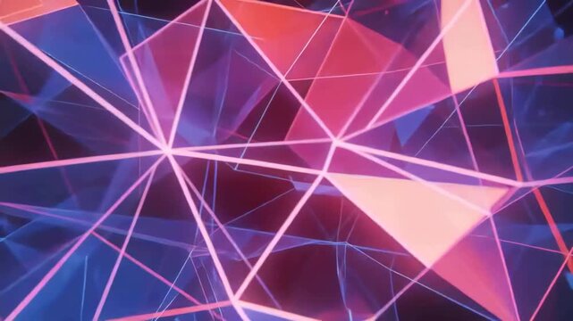 Rotating glowing triangular mesh shifting and pulsing in dark void, camera passing revealing facets