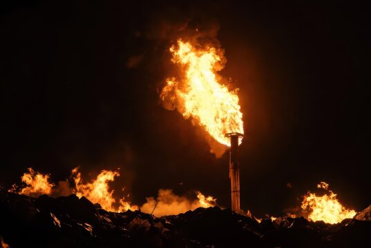 Industrial flare stack burning gas at night, illuminating the dark sky with intense flames
