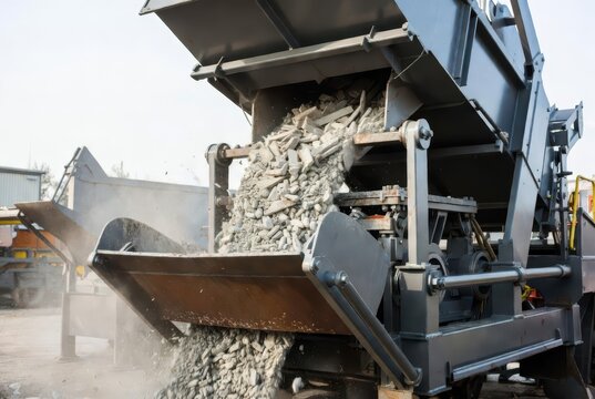 Industrial crusher machine processing concrete debris into smaller aggregate for recycling