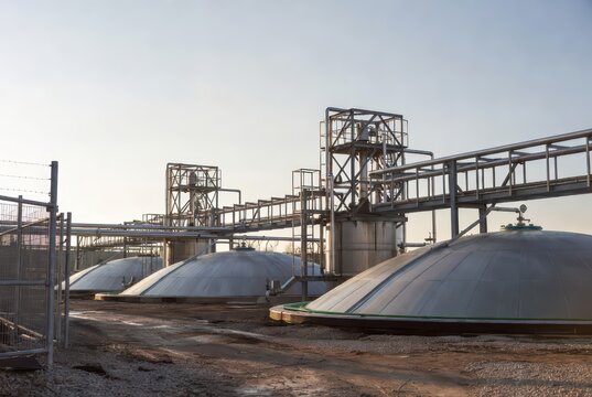 Industrial biogas plant with dome-shaped digesters and elevated pipe infrastructure