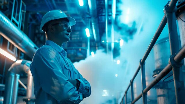 Confident industrial engineer supervising factory production