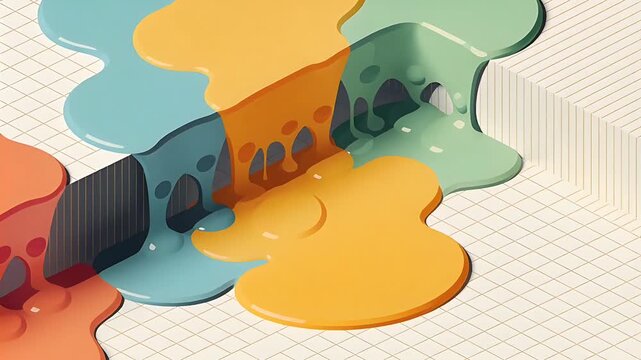 Flowing orange teal-mint films sliding through rib wall onto grid near step block, gravity pulling