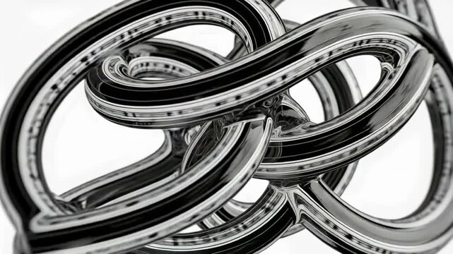 Orbiting camera revealing chrome tubular knot at studio set, exposing mirrored bands and complexity