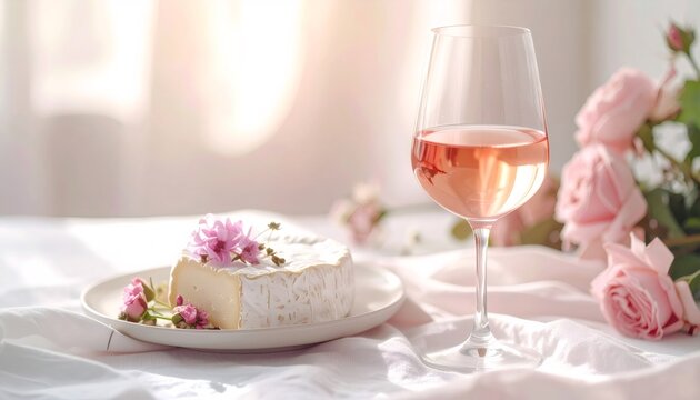 Rose wine glass with brie cheese and pink flowers