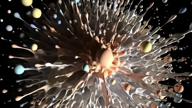 Camera pulling back, glossy sphere cluster stretching outward in black void with bridges and drops