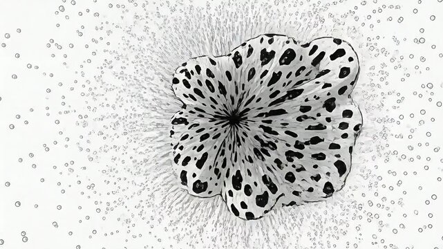 Rotating spotted holed torus sculpture collapsing inward at studio releasing many droplets