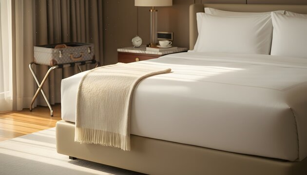 Sunlit luxury hotel room featuring a neatly made bed with white linens and an open suitcase on a luggage rack creating an inviting atmosphere for