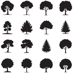 Set of black tree silhouettes collection including various deciduous and evergreen forest trees with detailed branches and foliage for nature design projects © abdurrahimsofikul