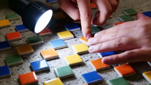 Pinching orange tile, adult hands aligning on speckled surface with lamp casting light to fill grid