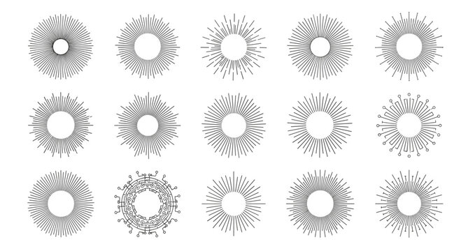 Collection of various circular sunburst and starburst vector design elements with thin black lines on a white background for graphic art.