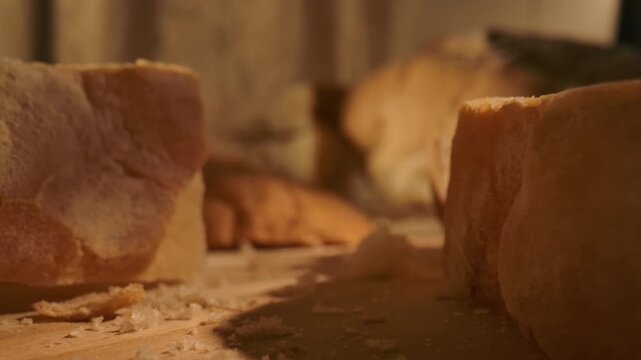Detailed macro view of white bread crumb showing porous airy texture and crispy crust. Concept of homemade food, bakery products, bakeries and bread factories, market, gastronomy and culinary art