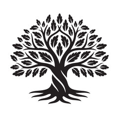 Fototapeta premium Black and white stylized tree icon with twisted trunk and detailed leaves for nature and growth design concepts