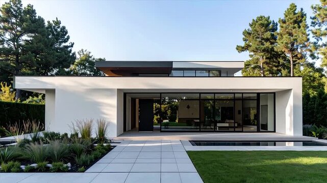 Modern minimalist home with glass walls, greenery, and clean lines under a clear sky