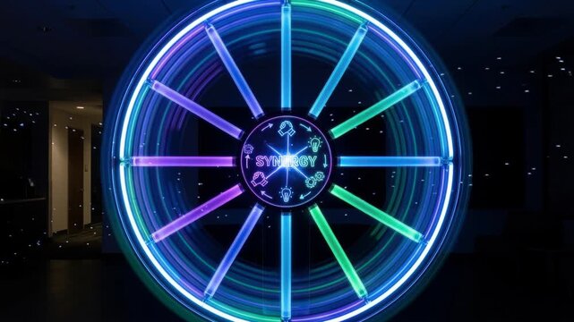 Teamwork synergy wheel neon rotation animation circular collaboration system business loop
