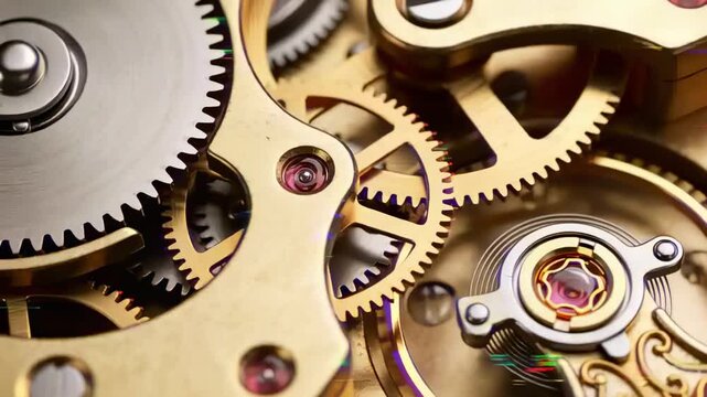 Opening shot showing watch movement turning to keep time under bright light, with balance wheel