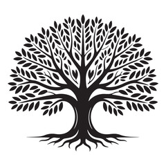 Obraz premium Black silhouette of a large spreading tree with detailed branches and roots representing nature growth life and environmental connection in a simple graphic art style for design projects