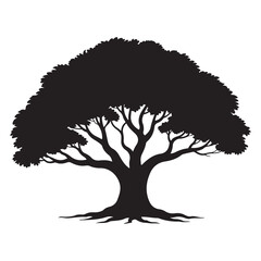 Fototapeta premium Black silhouette of a large oak tree with spreading branches and roots on a simple graphic design