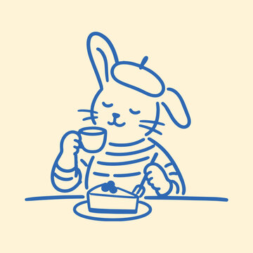 Rabbit in beret drinking coffee with cake on table, simple line art illustration for cafe branding, dessert menus, bakery concepts and food themed design projects.