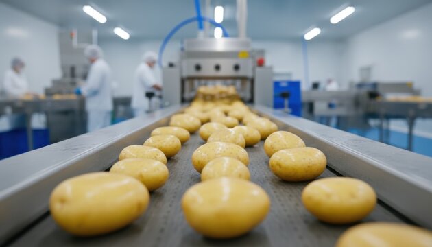 Raw potatoes move along industrial conveyor belt in clean food processing plant where workers prepare organic vegetables for market