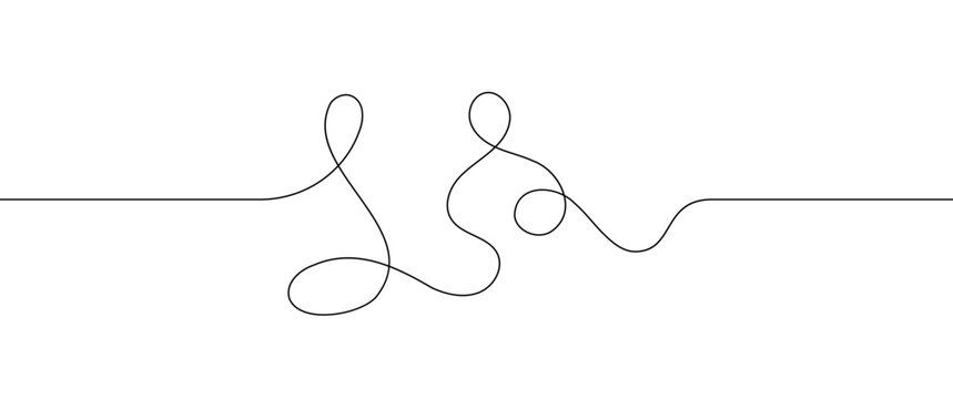 Abstract line squiggle cable with long continuous curve, thin black wavy thread style drawing isolated on white background.