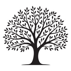 Obraz premium Black silhouette of a round tree with many detailed leaves and branches on a flat graphic design style