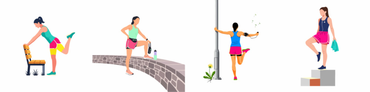 Set of four flat vector illustrations of active women performing stretching and cool-down exercises in outdoor urban settings for health and fitness.