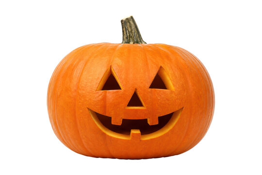 Carved Halloween pumpkin jack o lantern with spooky face isolated on white background, festive autumn decoration for holiday design and seasonal themes