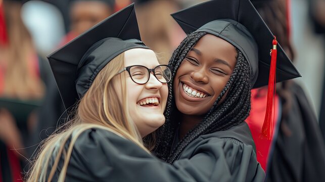 Two friends hugging after graduation, a black woman a cap and gown, a white blonde haired girl in the background on the street.
