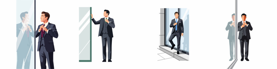 Fototapeta premium Set of vector illustrations featuring a confident businessman in a formal three-piece suit adjusting his tie and posing by mirrors and windows.
