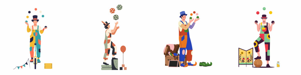 Collection of Circus Jugglers in Colorful Costumes Performing Various Juggling and Balancing Acts in a Flat Illustration Style © Reno