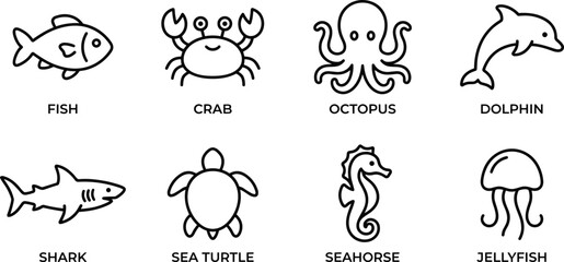 sea animals outline icon set with fish crab octopus dolphin on transparent background © Yehor