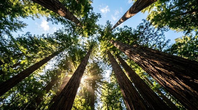 Looking up at tall trees with green leaves against a blue sky with sunlight filtering through