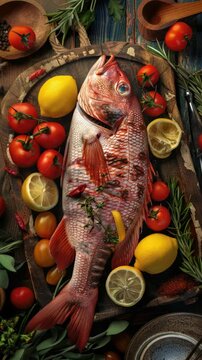 Freshly caught red snapper fillet garnished with vibrant tomatoes and lemons