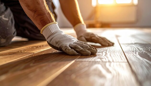 Worker wearing protective gloves installing new hardwood laminate floor planks in sunny room for home renovation and diy improvement guides
