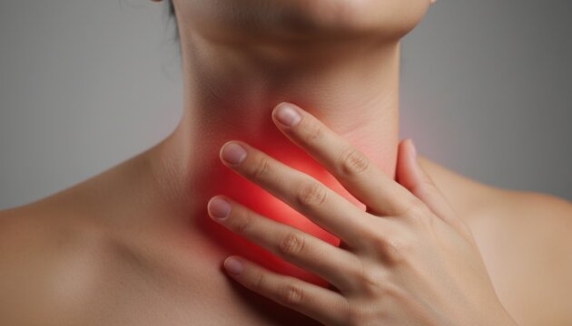 Close up view of person touching throat with red highlight indicating pain and need for preventive medical care