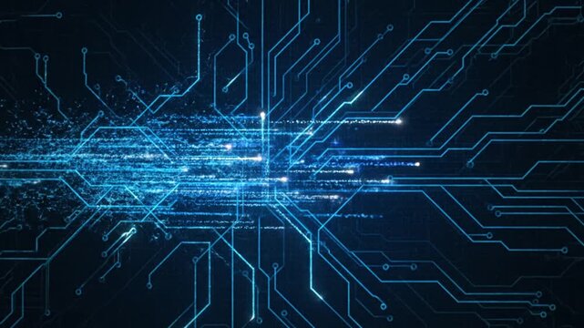 Glowing light dots and bulb connected by thin lines form futuristic 3D grid structure with digital network connection, blue and purple hues creating complex technology atmosphere