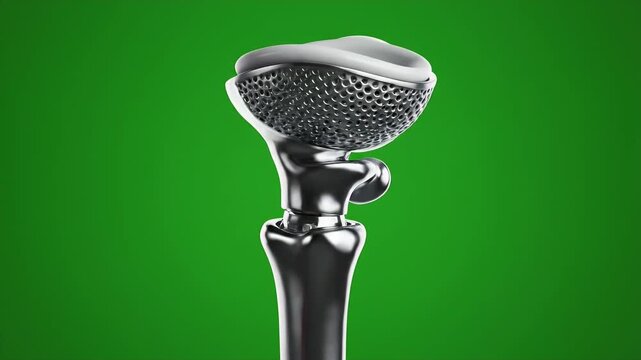 Photorealistic CGI Rendering of a Hip Replacement Prosthesis on a Vibrant Green Background