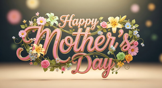 A colorful Happy Mother's Day greeting with a floral wreath and pink text on a dark background with bokeh lights