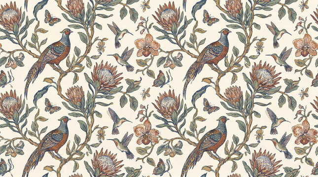 A seamless floral wallpaper pattern features pheasants and hummingbirds.