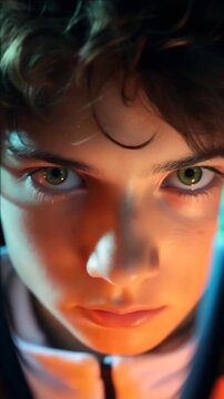 A young man with striking eyes and serious expression in a blurred background.